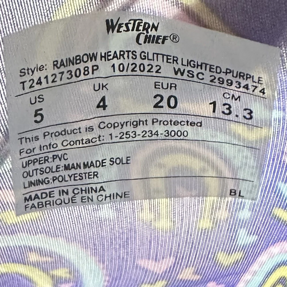NWT Western Chief Toddler Girls‎ Abby Rainbow Hearts Glitter Light-Up Rain Boots